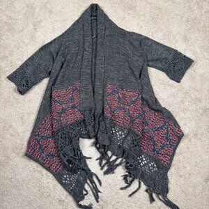 Line Sweater Womens XS Green Crochet Oversized Midi Fringe Bohemian Slouchy